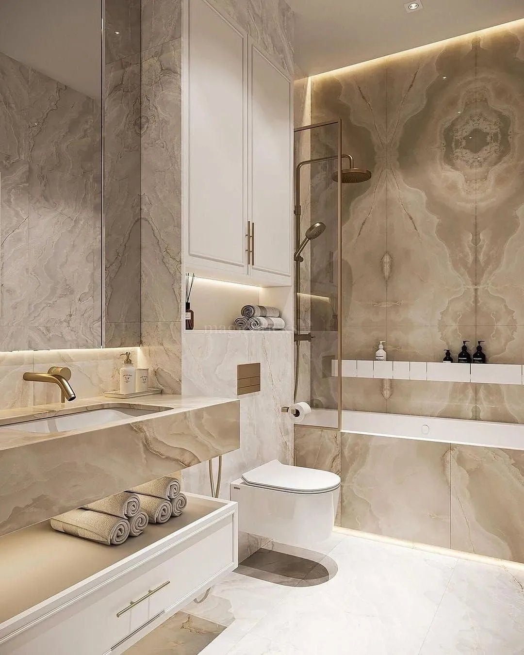 Marble bathroom with brass fittings