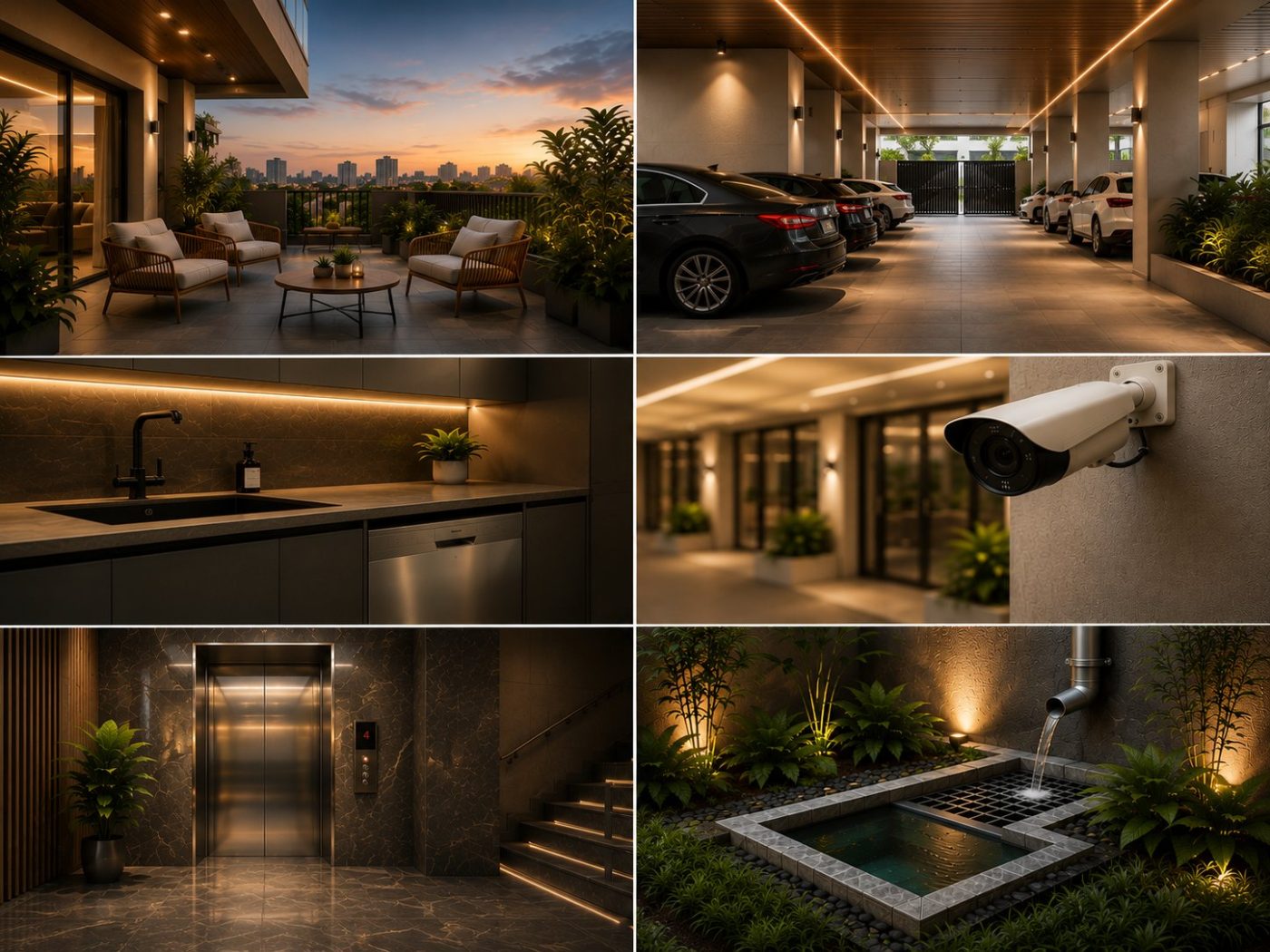 Terrace, stilt parking, kitchen, CCTV, lift lobby and rainwater harvesting