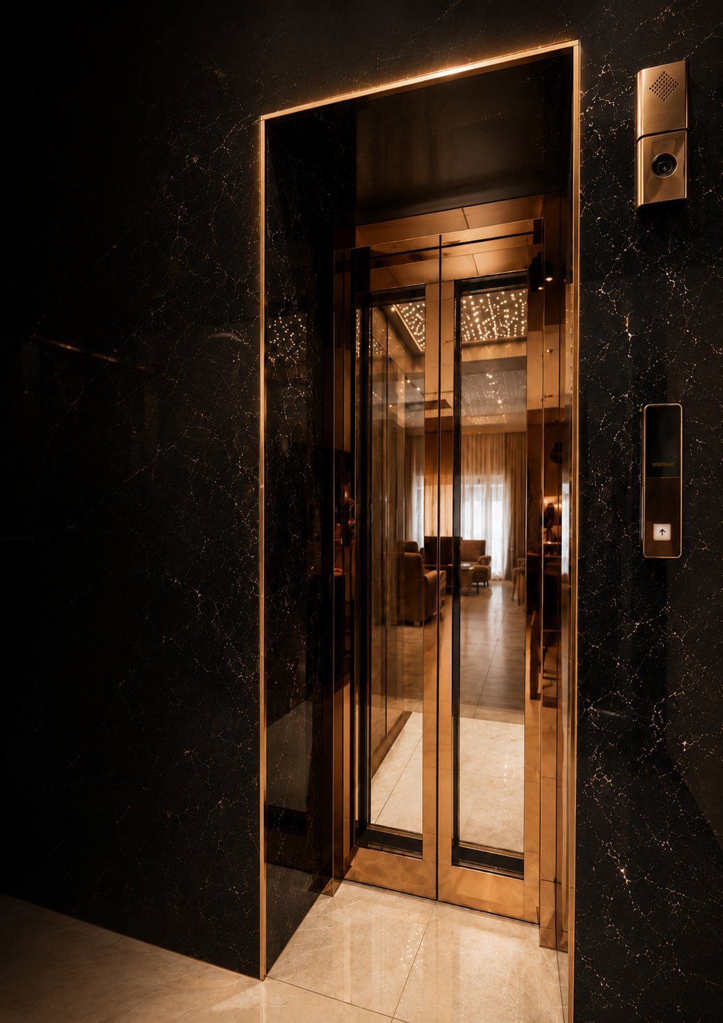 Lift lobby in black marble and brass